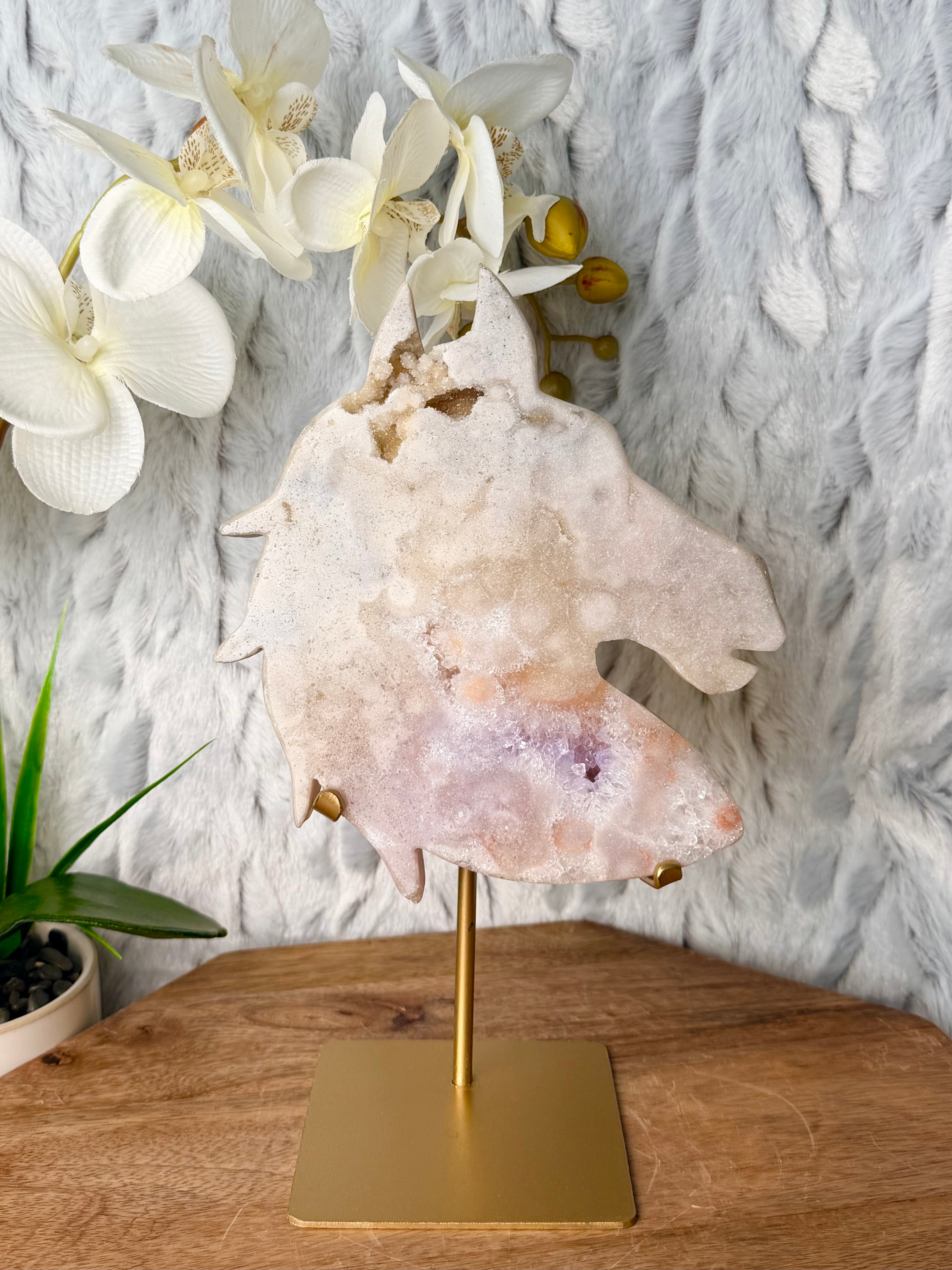 Large Pink Amethyst Horse Carving on stand