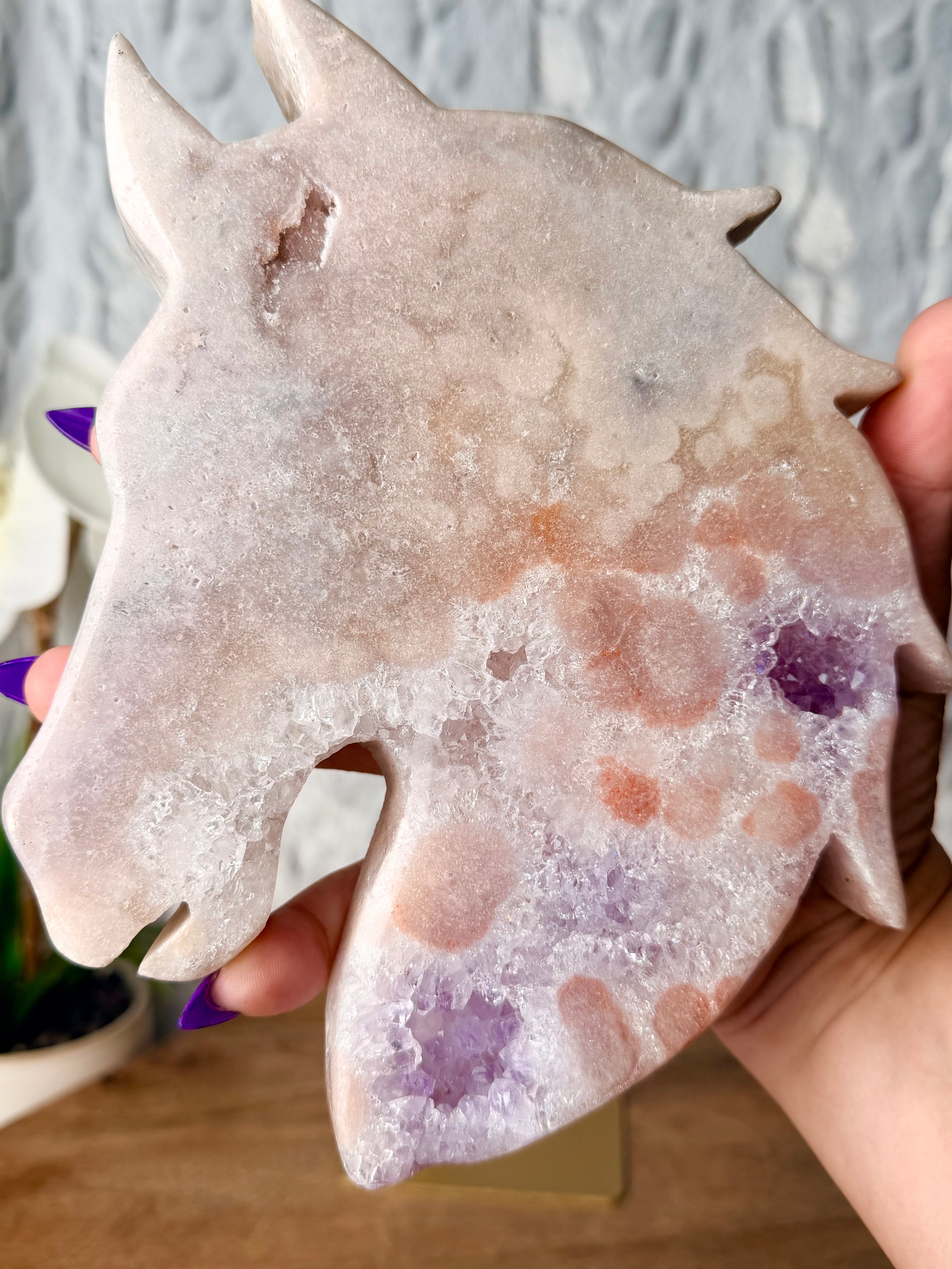 Large Pink Amethyst Horse Carving on stand